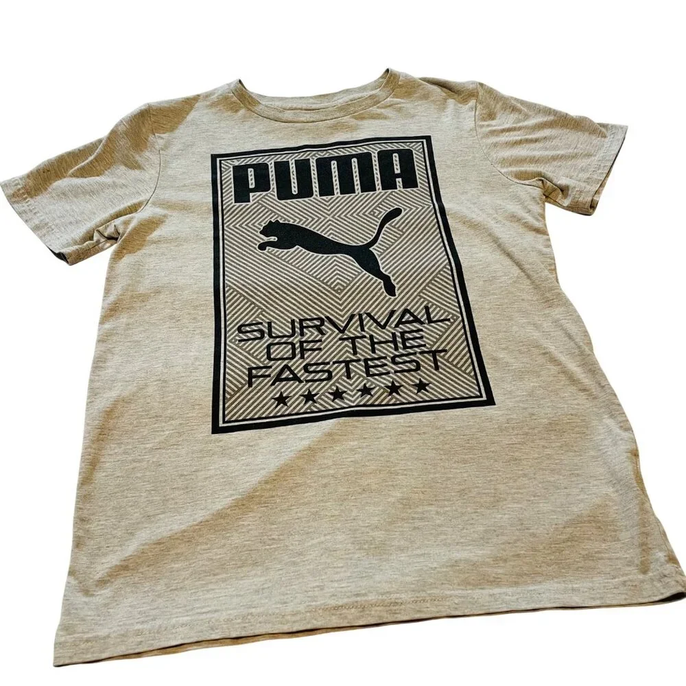 Puma Boys T-Shirt L (14-16) Survival Of The Fastest Graphic Tee Beige Short Slee - Picture 1 of 9